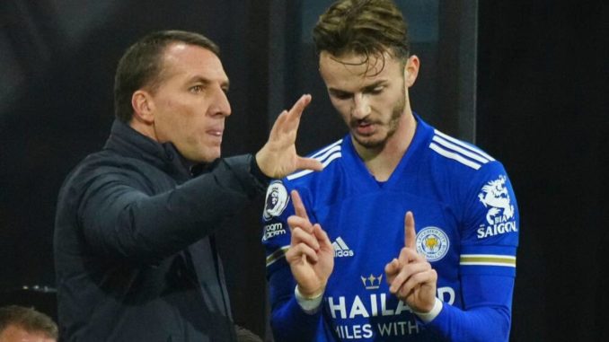 Brendan Rodgers manager of Leicester City issues instructions to James Maddison against Fulham