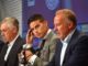 Carlo ANCELOTTI,James RODRIGUEZ and Karl Heinz RUMMENIGGE in Bayern Munich Press Conference