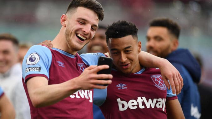 Declan Rice and Jesse Lingard of West Ham, during a lap of appreciation-23.05.2021