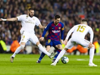 Karim Benzema and Valverde of Real Madrid and Lionel Messi of Barcelona