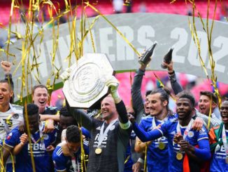 Kasper Schmeichel, Leicester City captain, lifts the Community Shield beating Manchester City in final