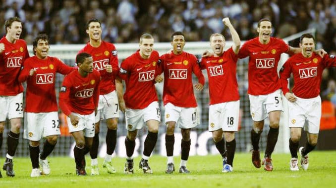 Manchester United-Jonny Evans, Carlos Tevez, Patrice Evra, Cristiano Ronaldo, Nemanja Vidic, Nani, Paul Scholes, Rio Ferdinand und Ryan Giggs-1.3.2009