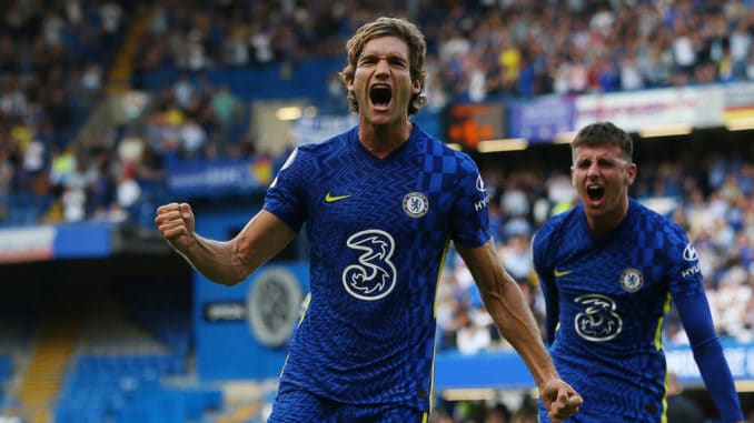 Marcos Alonso of Chelsea celebrates after scoring against Crystal Palace
