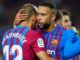 Martin Braithwaite of Barcelona celebrates with Memphis Depay against Real Sociedad