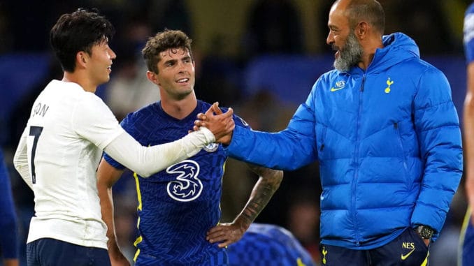 Son Heung-min and Nuno Espirito Santo of Tottenham with Christian Pulisic of Chelsea at Stamford Bridge