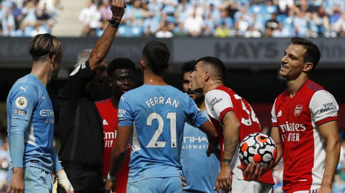 Xhaka of Arsenal receiving a red against Manchester City