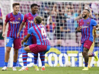 Ansu Fati of FC Barcelona celebrates after scoring