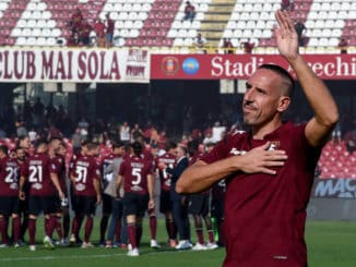 Franck Ribery gestures during his presentation as the new signing for US Salernitana