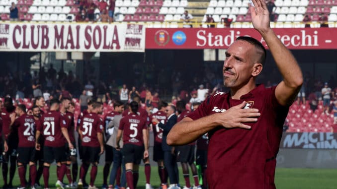 Franck Ribery gestures during his presentation as the new signing for US Salernitana