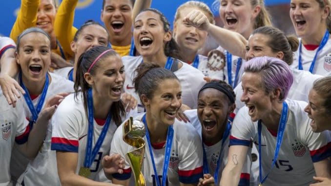 Megan Rapinoe, Carli Lloyd and Alex Morgan of United States celebrating 2019 FIFA Worup Cup win