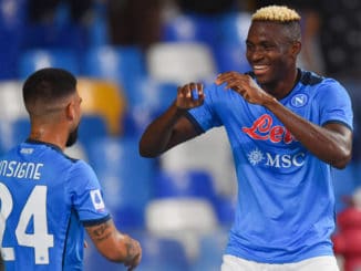 Napoli's forward Victor Osimhen celebrates with Lorenzo Insigne at Diego Armando Maradona stadium