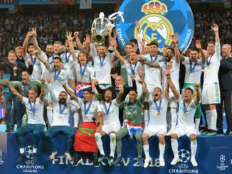 Players of Real Madrid C.F. celebrating their victory in the UEFA Champions League final