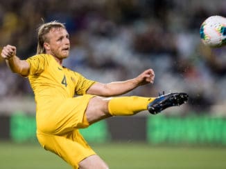 Rhyan Grant of Australia setting for Jamie Maclaren to score against Nepal on 10.08.2019