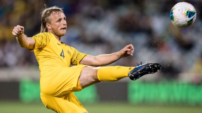 Rhyan Grant of Australia setting for Jamie Maclaren to score against Nepal on 10.08.2019