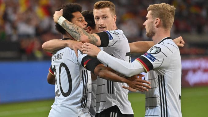 Serge GNABRY, Marco REUS, and Timo WERNER of Germany against Armenia,