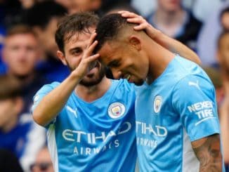 Gabriel Jesus of Manchester City celebrates scoring the opening goal with Bernardo Silva of Manchester City against Chelsea