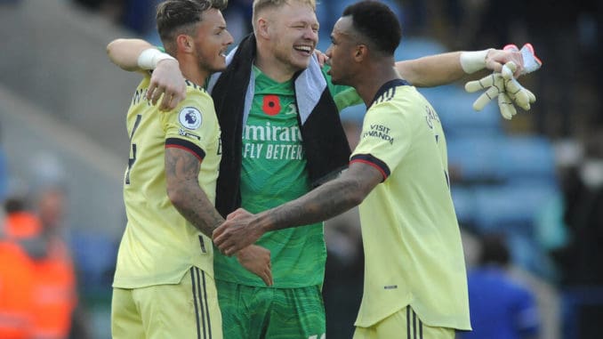 Aaron Ramsdale of Arsenal, celebrates after the match with Ben White and Gabriel