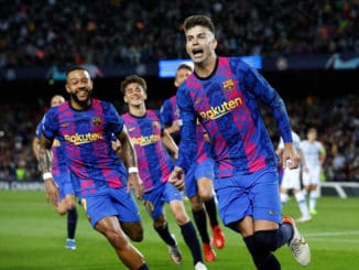 Gerard Pique of FC Barcelona celebrates