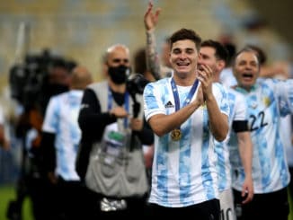 Julian Alvarez of Argentina celebrates after winning the Final of Copa America