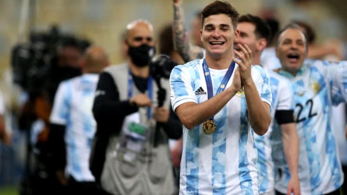 Julian Alvarez of Argentina celebrates after winning the Final of Copa America