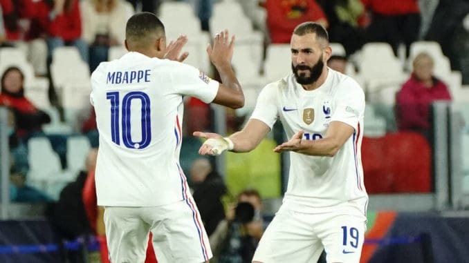 Karim Benzema and Kylian MBappe of France against Belgium