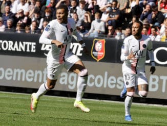 Kylian Mbappe and Neymar JR of Paris Saint-Germain