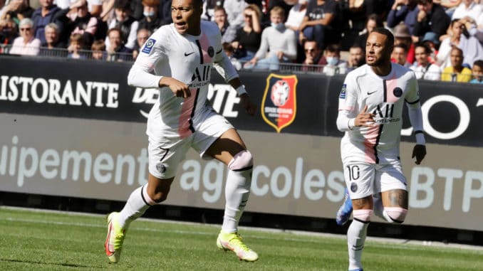 Kylian Mbappe and Neymar JR of Paris Saint-Germain