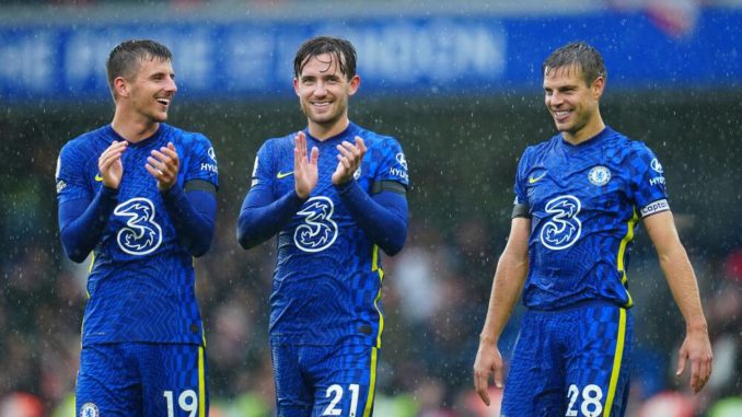 Mason Mount, Ben Chilwell and Cesar Azpilicueta of Chelsea of Chelsea against Southampton