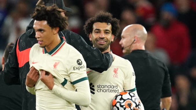 Premier League-Old Trafford Liverpool hat-trick scorer Mohamed Salah celebrates with the match ball