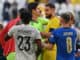 Thibaut Courtois, Belgium and Gianluigi Donnarumma, Italy, pictured after Nations League third-place play-off