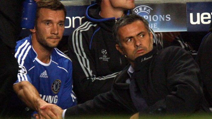 Jose Mourinho and Andriy Shevchenko of Chelsea