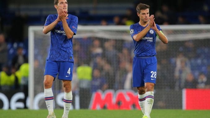 Andreas Christensen and CŽsar Azpilicueta of Chelsea applaud after the fans