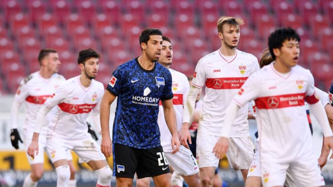 Sami Khedira of Hertha Berlin and Sasa Kalajdzic of VfB Stuttgart