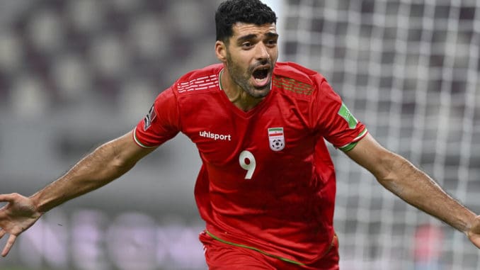 Mehdi Taremi of Iran celebrates after scoring during the FIFA World Cup qualifier against Iraq