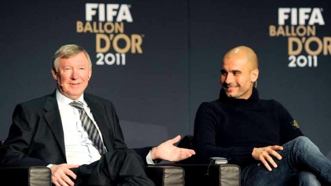 Sir Alex Ferguson of Manchester United FC and Pep Guardiola of Barcelona