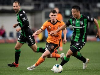 Brisbane Roar forward Dylan Wenzel-Halls and Western United defender Tomoki Imai